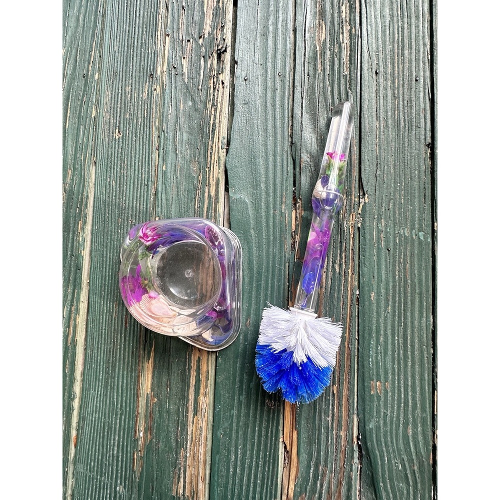 Toilet Brush and Holder Acrylic with Nature Seashell And Flowers Vintage